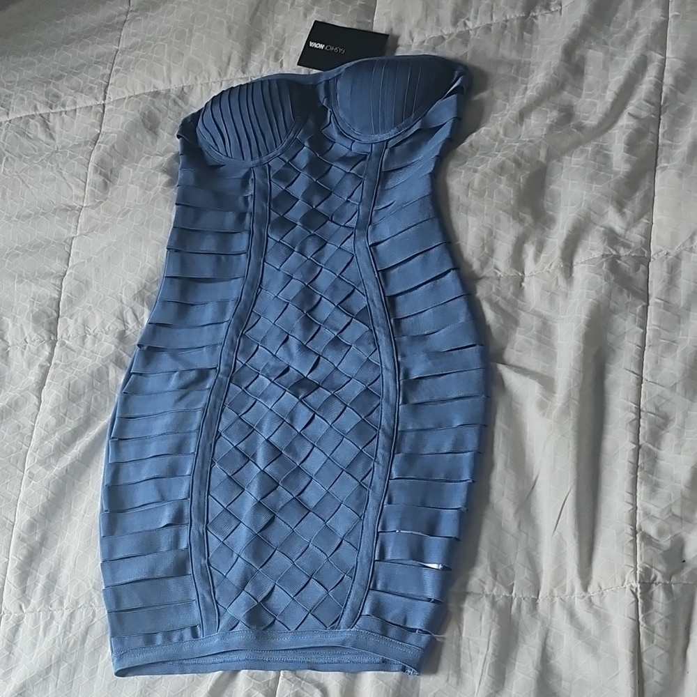 Fashion Nova Strapless Blue Bandage Dress